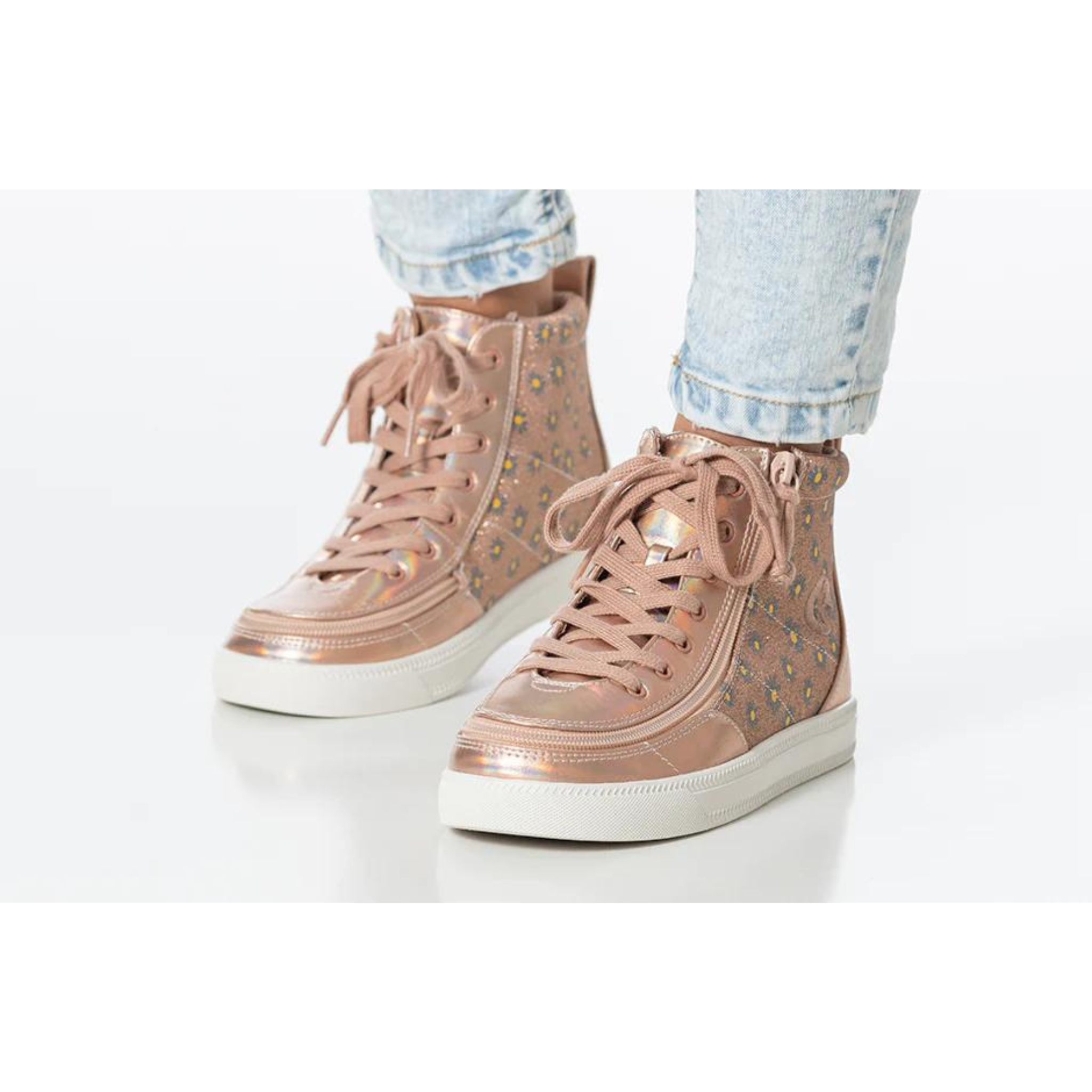 Billy Footwear (Kids) - High Top Rose Gold Daisy Faux Leather Shoes