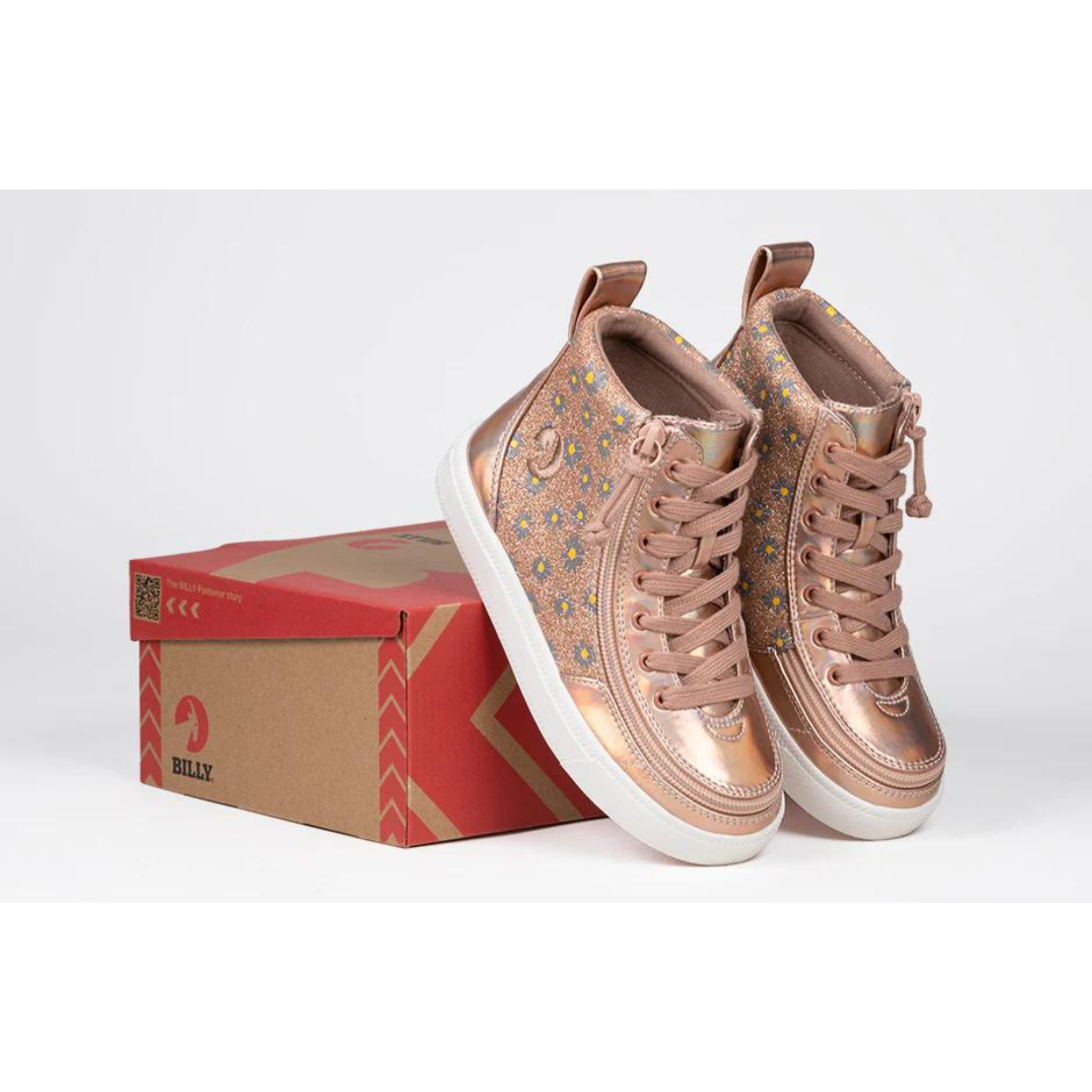 Billy Footwear (Kids) - High Top Rose Gold Daisy Faux Leather Shoes