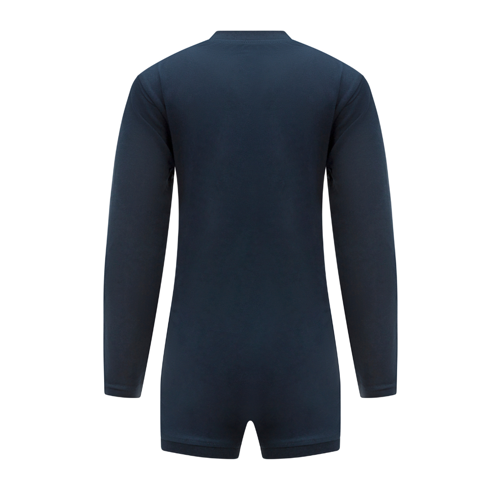 back of a navy bodysuit