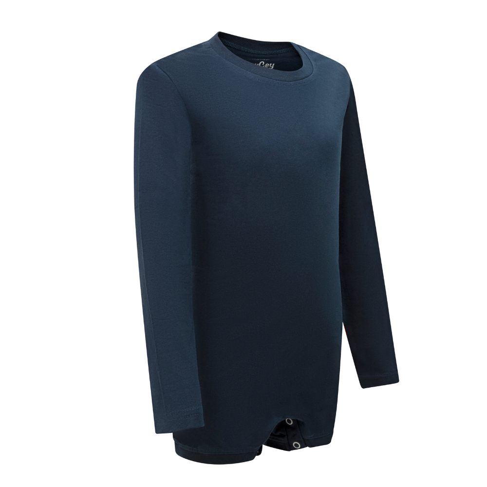 side of a navy bodysuit