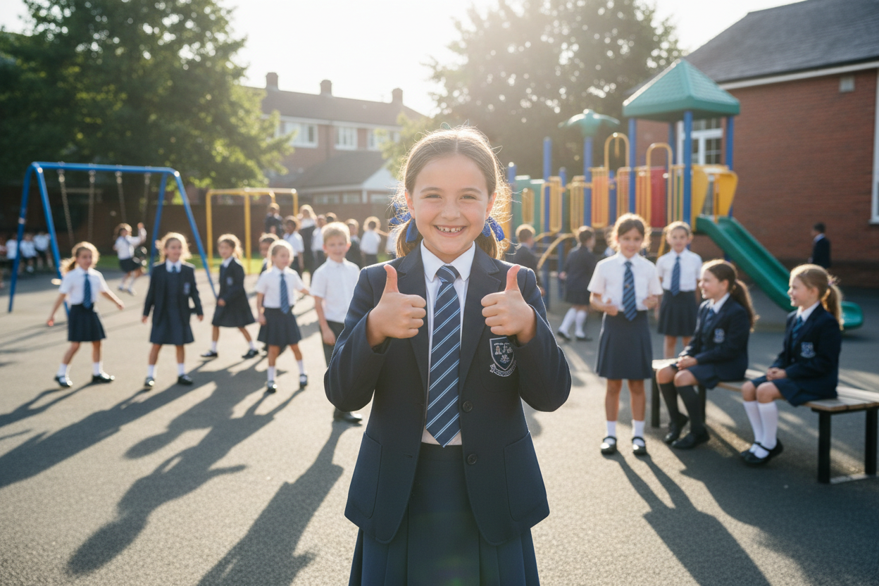 school aged girl wearing school uniform in the foreground looking happy. Mix of kids in the playground with play equipment in the background