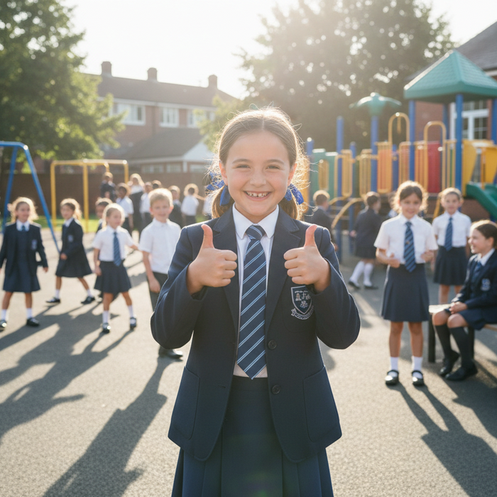school aged girl wearing school uniform in the foreground looking happy. Mix of kids in the playground with play equipment in the background