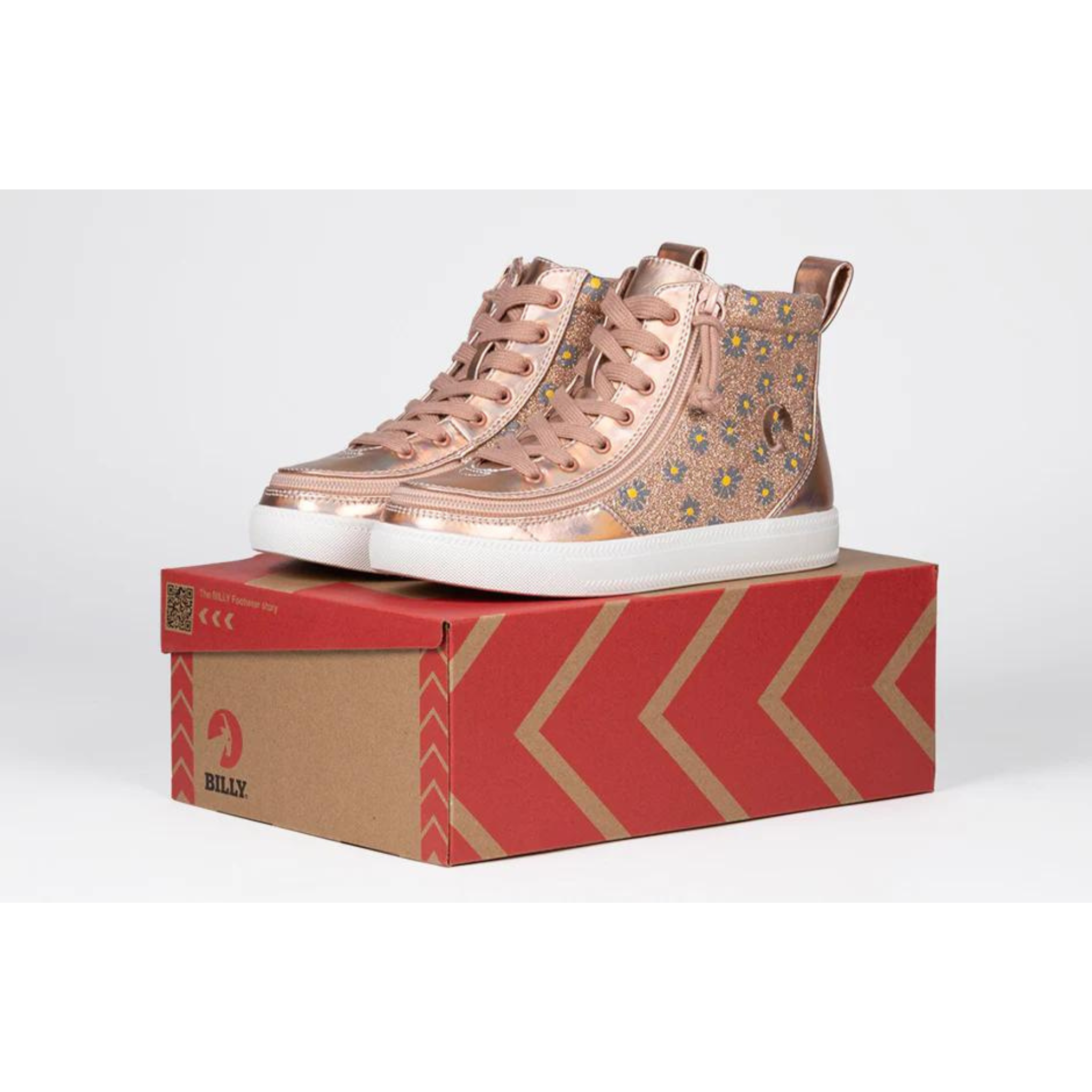 Billy Footwear (Toddlers) - High Top Rose Gold Daisy Faux Leather Shoes