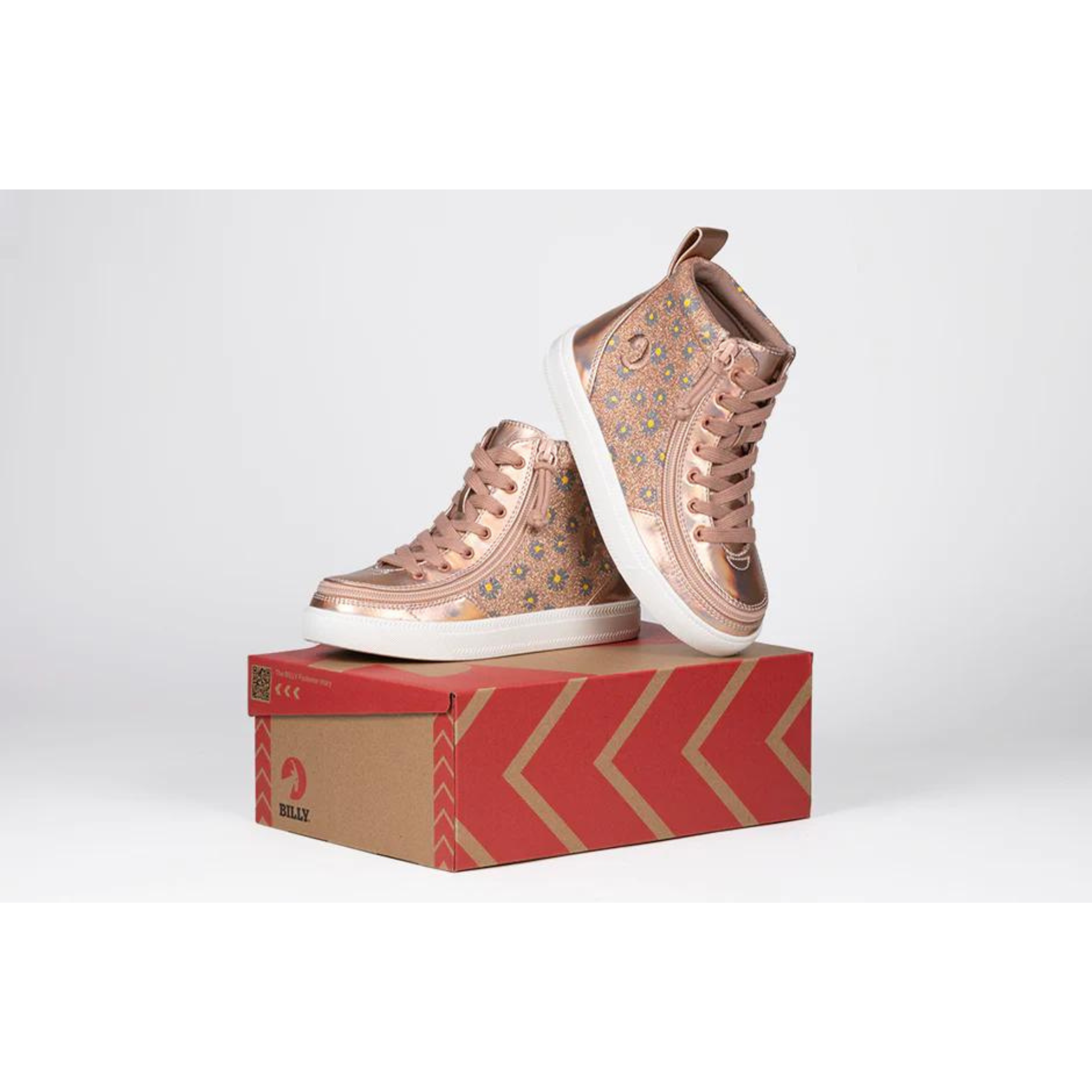 Billy Footwear (Toddlers) - High Top Rose Gold Daisy Faux Leather Shoes