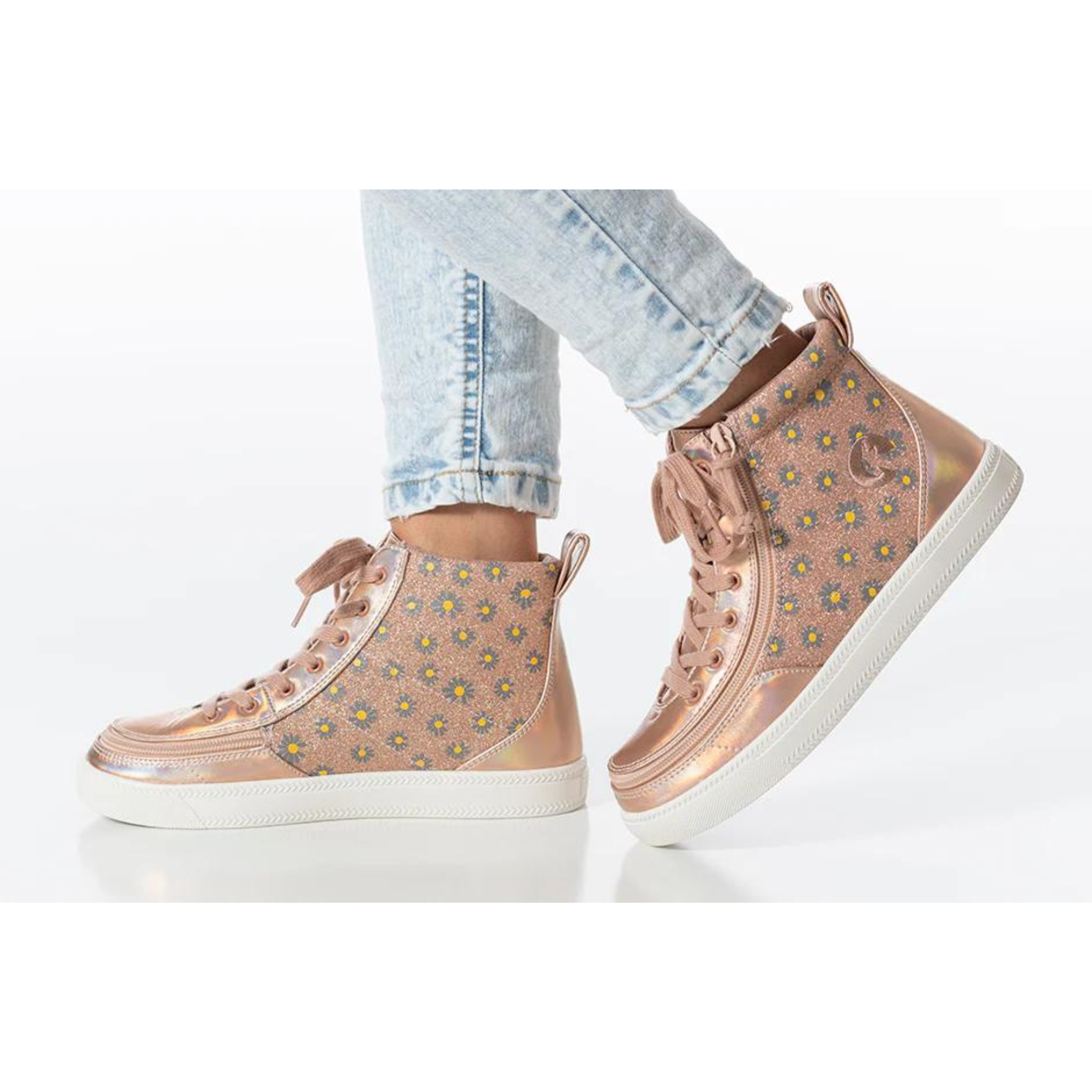 Billy Footwear (Toddlers) - High Top Rose Gold Daisy Faux Leather Shoes