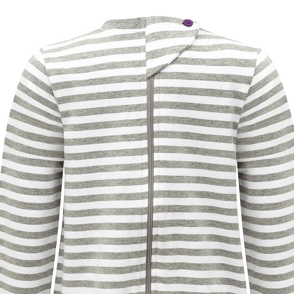 KayCey_long_sleeve_jumpsuit_for_special_needs_kids_and_older_children_zip_back_grey_white_stripe_button_facing