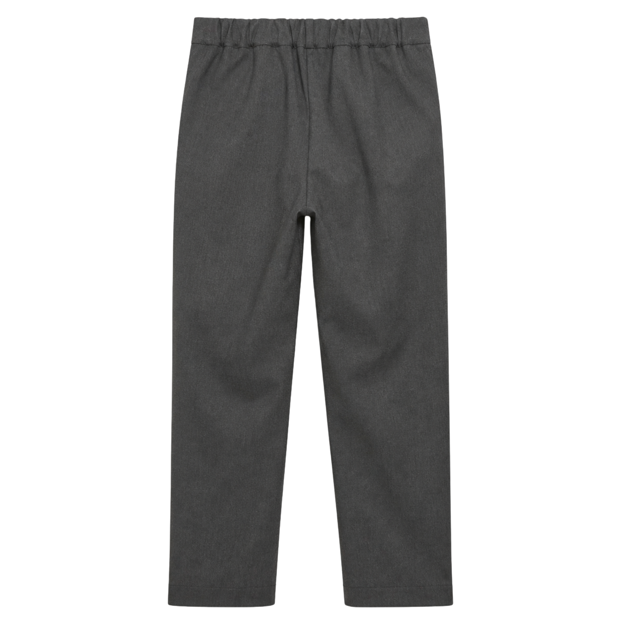Full back flat lay of charcoal school trousers against a white background
