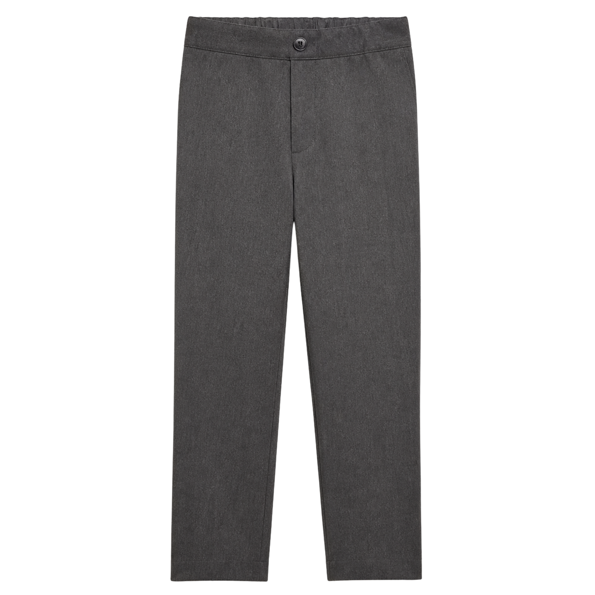 Full front flat lay of charcoal school trousers against a white background