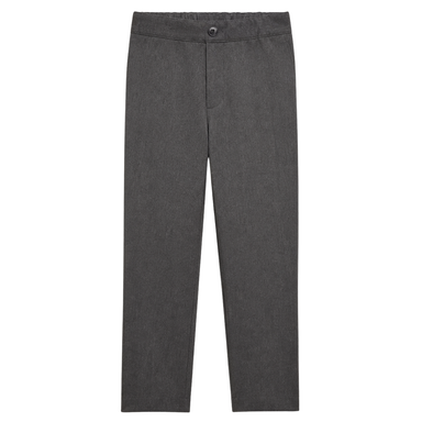 Full front flat lay of charcoal school trousers against a white background