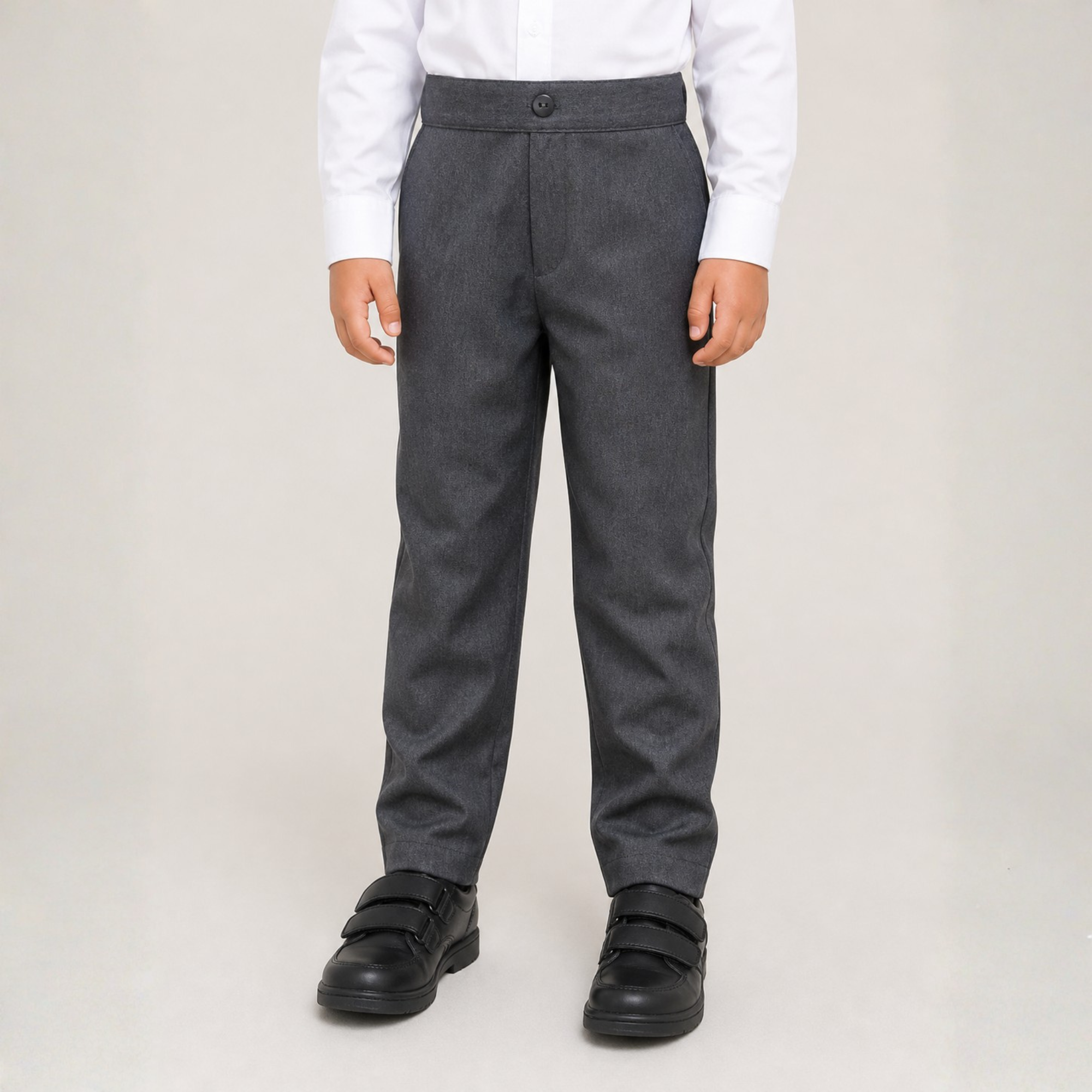 Model at waist height, wearing school uniform
