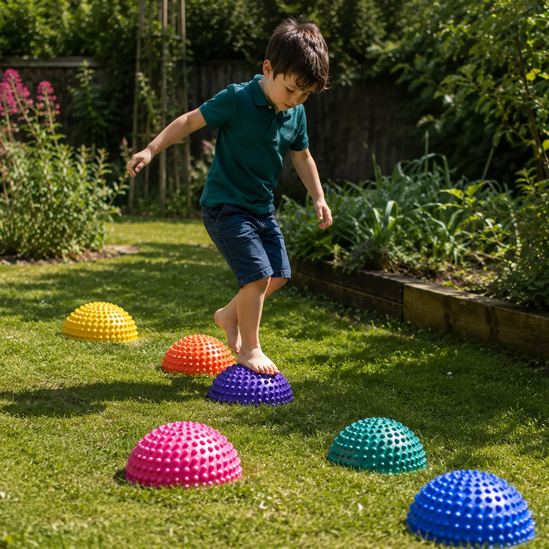 A young boy in a green shirt and navy shorts balances barefoot on a colorful dome-shaped exercise ball in a sunny backyard garden, with other matching balls on the grass.