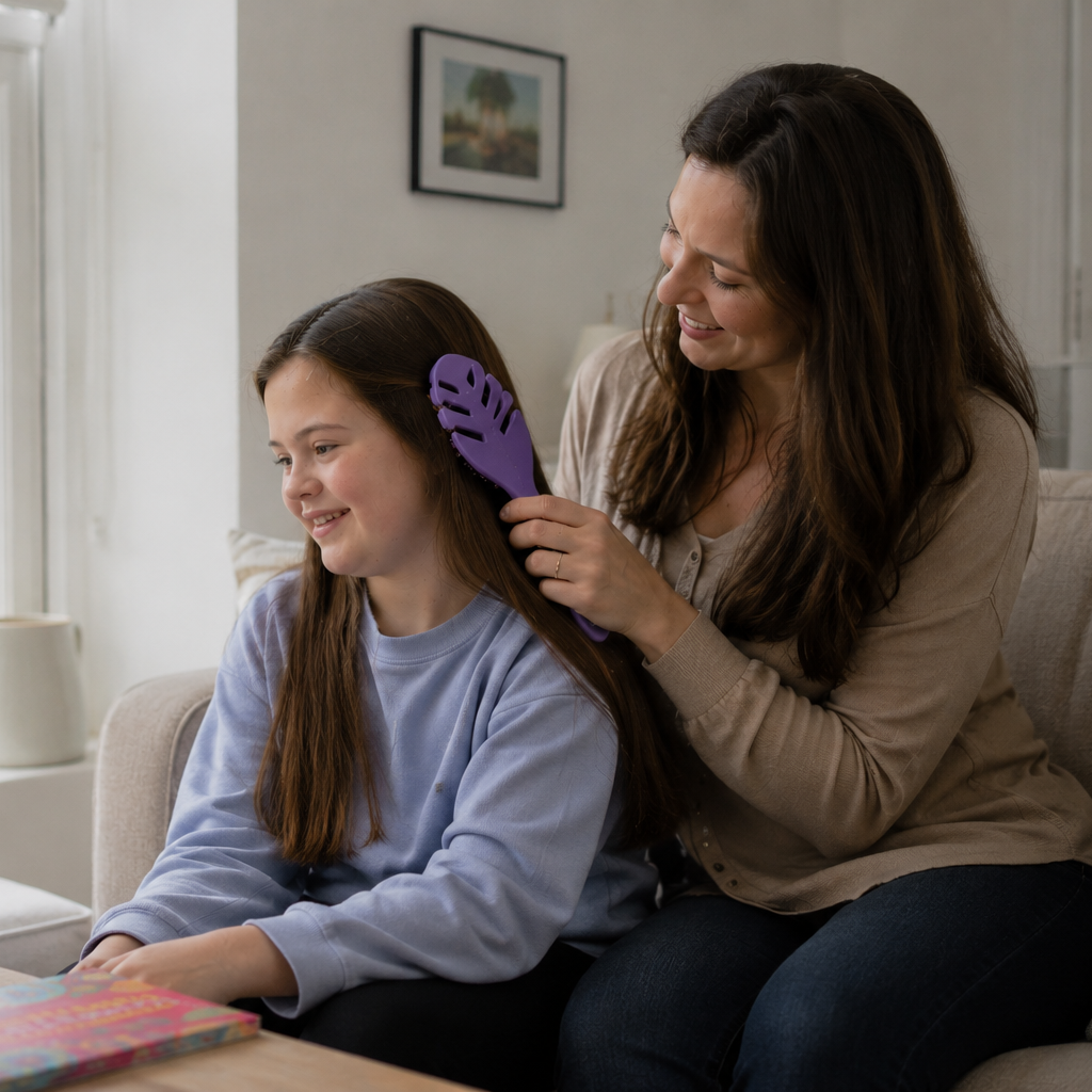 A woman with long dark hair sits on a beige sofa in a living room, smiling as she brushes the long light brown hair of a young girl wearing a light blue sweatshirt. The woman is holding a purple hairbrush.